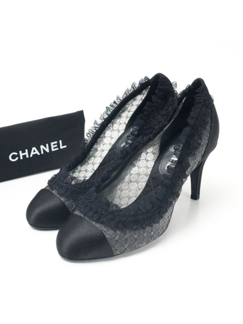 Chanel Pumps C Shoes CC Logo Quilted Frill Lace Black 36.5